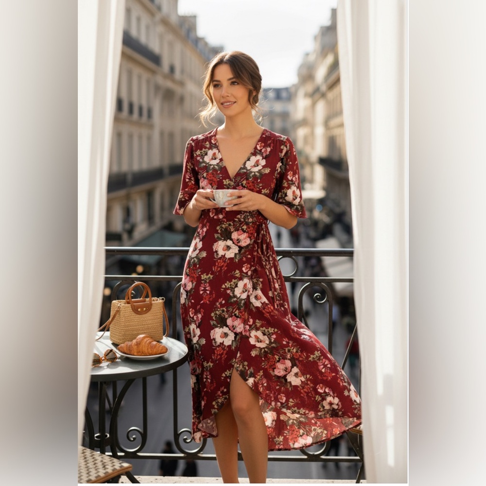 Goldspark Floral High-Low Dress in Burgundy